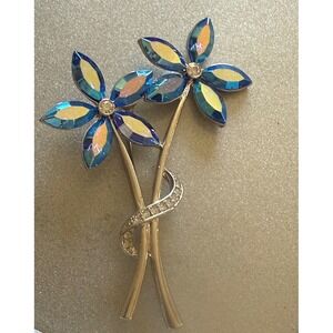 Vintage Avon Blue 2 Aurora Borealis 5 petal Flower stem Brooch large Pin